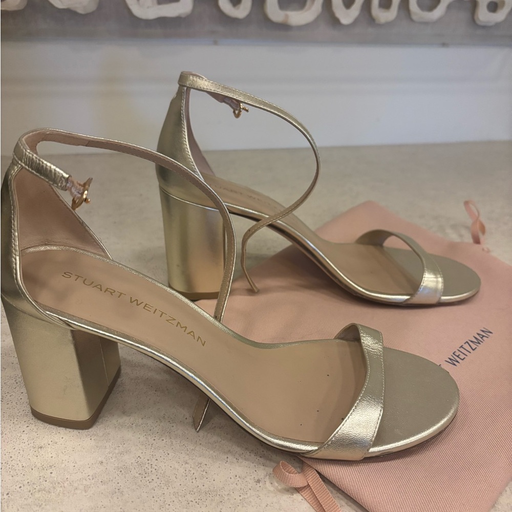 Stuart Weitzman Metallic Gold Block Heel Sandals